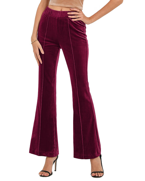 GRAPENT Flare Velvet Pants for Women High Waisted Wide Leg Stretch Elastic Waist Pull On Trousers Front Seam Slacks