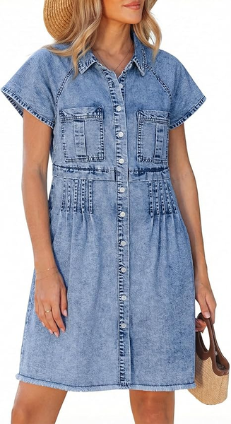 GRAPENT Denim Dresses for Women Short Sleeve Babydoll Pleated Raw Hem Distressed Casual Western Jean Dress with Pockets
