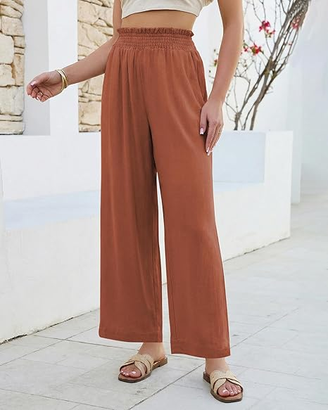 GRAPENT Linen Pants for Women Wide Leg High Waisted Paper Bag Smocked Waist Casual Summer Beach Vacation Palazzo Pants