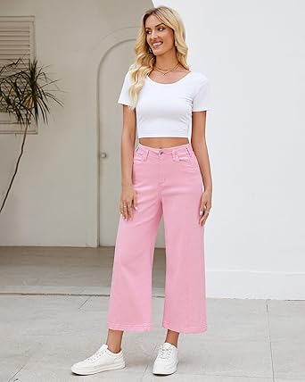 GRAPENT Wide Leg Jeans Woman Trendy Cropped High Waisted Front Seam Casual Stretchy Denim Trouser Jeans with Pockets
