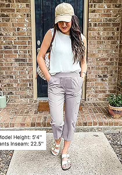 GRAPENT Capri Cargo Pants for Women High Waisted Pull On Elastic Waist Stretch Twill Fold Hem Capris Pants with Pockets