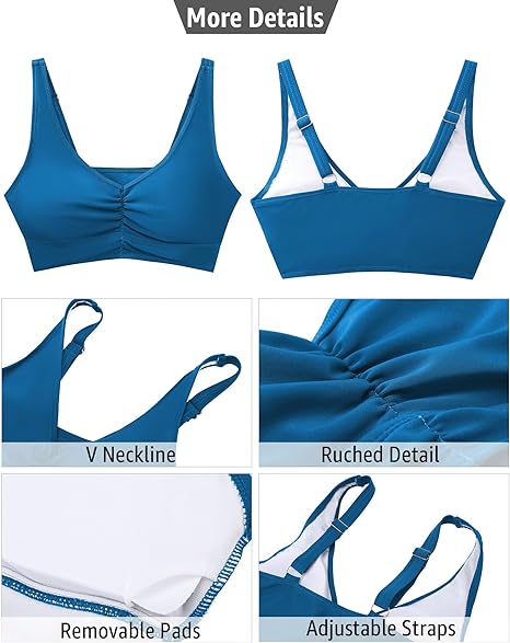 GRAPENT Bikini Tops for Women Ruched Cropped Tankini Tops Beach Adjustable Straps Bathing Suit Padded Swimwear Top Only