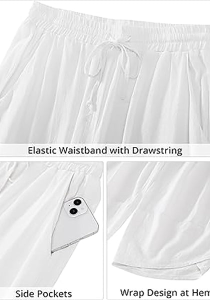 GRAPENT Linen Pants Women High Waisted Wide Leg Casual Beach Pull On Elastic Waist Summer Cropped Pants with Pockets