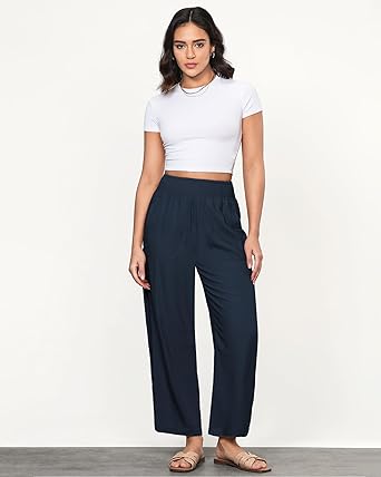 GRAPENT Linen Pants Women Wide Leg High Waisted Cropped Barrel Pull On Smocked Elastic Waist Summer Pants with Pockets