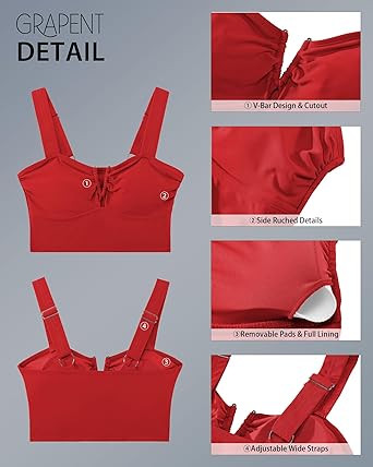 GRAPENT Bikini Tops for Women Cropped Tankini Tops Beach V Bar Padded Ruched Adjustable Strap Swimsuit Swim Top Only