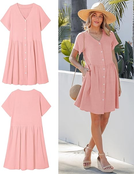 GRAPENT Linen Dresses for Women Casual Summer Babydoll Button Down Short Sleeve V Neck Above Knee Dress with Pockets