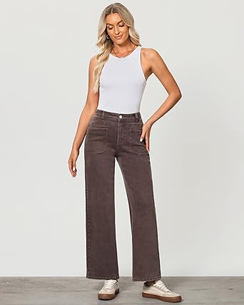 GRAPENT Wide Leg Jeans for Women Trendy High Waisted Loose Straight Leg Stretchy Retro Denim Pants with Pouch Pockets