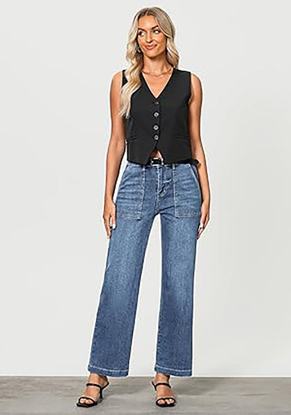 GRAPENT Jeans for Women High Waisted Straight Leg Jeans Stretchy Trendy Wide Leg Denim Pants Jean Trousers Patch Pockets