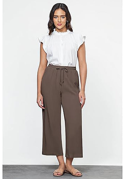 GRAPENT Linen Pants for Women High Waisted Wide Leg Capri Elastic Waist Casual Beach Flowy Cropped Summer Capris Pants
