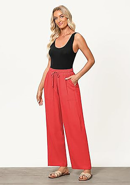GRAPENT Linen Pants for Women Wide Leg High Waisted Baggy Drawstring Elastic Waist Palazzo Trousers Pants with Pockets