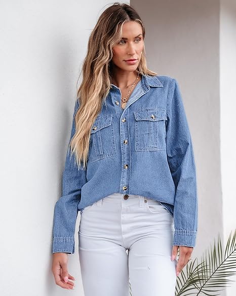 Grapent Women's Supima Cotton Wrinkle-free Relaxed Fit  Button Shirt Workwear-inspired Denim Shirt