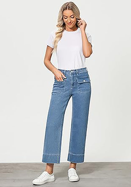 GRAPENT Wide Leg Jeans for Women Trendy High Waisted Straight Leg Cropped Stretchy Denim Pants with Retro Patch Pockets