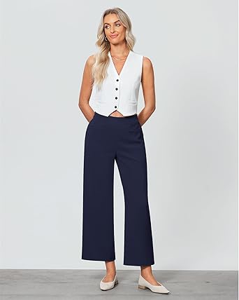 GRAPENT Cropped Pants for Women Trendy Business Casual High Waisted Pull On Wide Leg Stretchy Dress Pants with Pockets