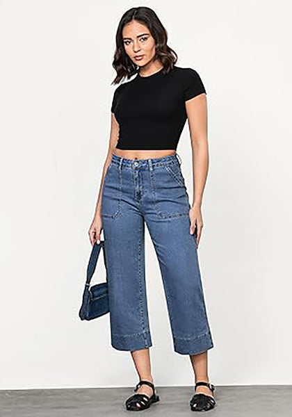 GRAPENT Capri Jeans for Women High Waisted Wide Leg Trendy Strechy Loose Straight Cropped Denim Jeans Pants with Pockets