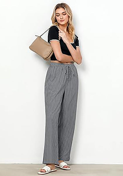 GRAPENT Striped Pants for Women High Waisted Wide Leg Cotton Linen Trendy Beach Pull on Elastic Waist Casual Flowy Pants