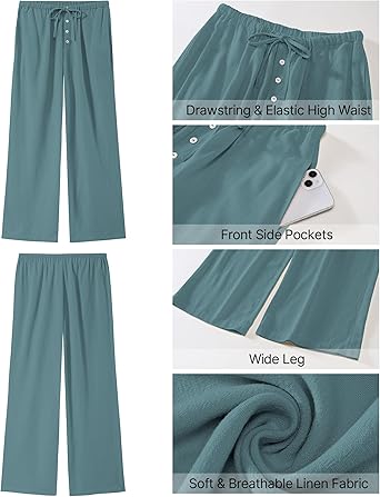 GRAPENT Linen Wide Leg Pants Woman High Waisted Pull On Button Drawstring Baggy Casual Summer Palazzo Pants with Pockets
