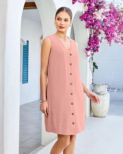 GPAPENT Linen Dresses for Women Summer Casual Sleeveless Button Down V Neck Pocket Self Tie Knee Length Loose Sun Dress