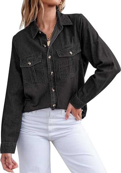 Grapent Women's Supima Cotton Wrinkle-free Relaxed Fit  Button Shirt Workwear-inspired Denim Shirt