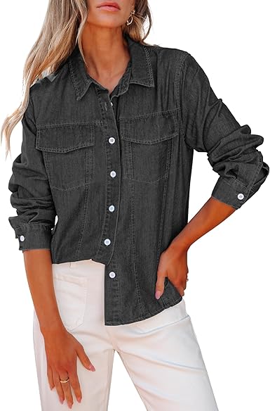 GRAPENT Women's Shirt Rugged Button Down Loose Durable Classic Fitted Denim Blouse Top