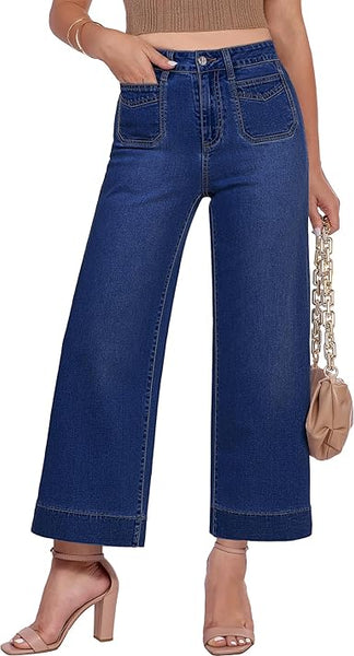 GRAPENT Cropped Jeans for Women Trendy 2026 Wide Leg High Waisted Patch Pocket Stretchy Denim Pants Short Trouser Jeans