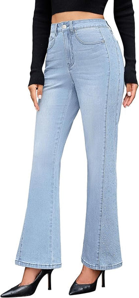 GRAPENT Flare Jeans for Women High Waisted Trendy Wide Leg Embellished Rhinestone Sparkly Concert Stretchy Denim Pants