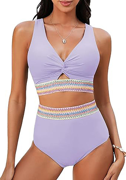 GRAPENT Bikini Sets for Women High Waisted Two Piece Swimsuit Padded Knot Twist Cut Out Color Block Bathing Suit Bikinis