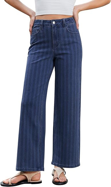 GRAPENT Striped Jeans for Women Trendy High Waisted Wide Leg Dressy Casual Stretchy Denim Pants Trouser Jeans