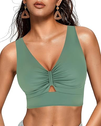 GRAPENT StrapCore Bikini Tops for Women Cropped Tankini Tops Beach Ruched Knot Cut Out Padded Adjustable Swimwear Swim Top Only