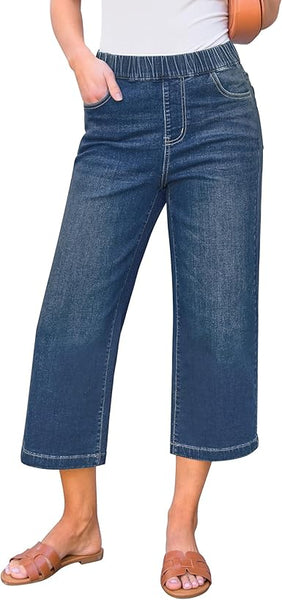 GRAPENT Capri Jeans for Women Wide Leg High Waisted Effortless Flow Pull On Stretchy Denim Elastic Waist Pants with Pockets
