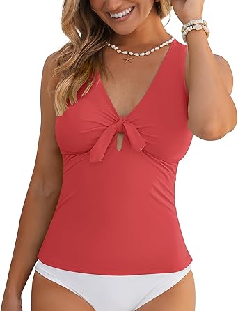 GRAPENT StrapCore Tankini Tops for Women Knotted Keyhole Padded Adjustable Bathing Suit Modest Swimsuit Swimwear Swim Top Only