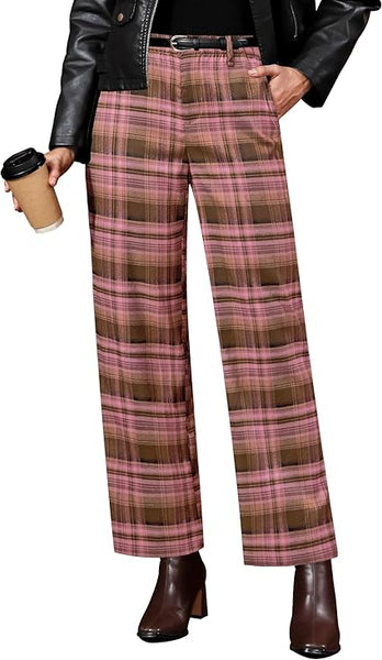 GRAPENT Plaid Pants for Women Wide Leg High Waisted Tartan Work Business Casual Elastic Waist Trousers Pants with Pocket