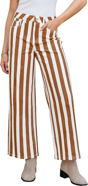 GRAPENT Women Jeans Striped Wide Leg High Waisted Trendy Stretchy Denim Pants Cute Casual Trouser Jeans with Pockets