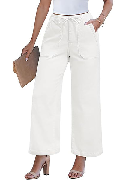 GRAPENT Wide Leg Jeans for Women Trendy High Waisted Drawstring Tie Elastic Waist Stretchy Denim Pants Trouser Jeans