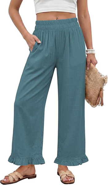 GRAPENT Linen Pants Women Wide Leg Ruffle Hem Pull On High Waisted Elastic Waist Cropped Ankle Casual Beach Summer Pants