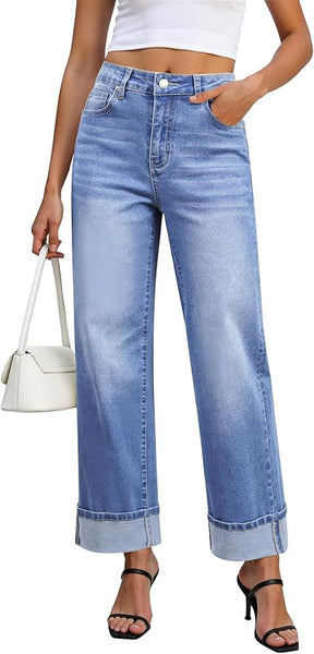 GRAPENT Wide Leg Jeans for Women Trendy High Waisted Cuffed Hem Stretchy Denim Trousers Pants Work Casual Jeans