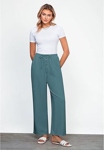 GRAPENT Linen Wide Leg Pants Woman High Waisted Pull On Button Drawstring Baggy Casual Summer Palazzo Pants with Pockets