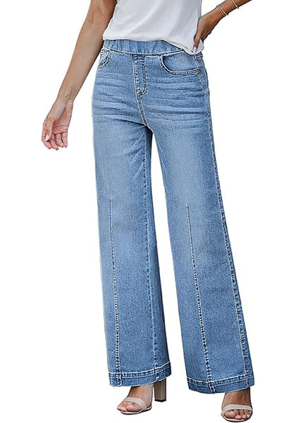 GRAPENT Pull On Womens Jeans Baggy Stretchy High Waisted Denim Wide Leg Trouser Pants Trendy Front Seam 90s Loose Jean