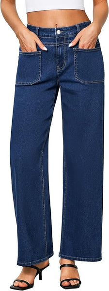 GRAPENT Wide Leg Jeans for Women Trendy High Waisted Loose Straight Leg Stretchy Retro Denim Pants with Pouch Pockets