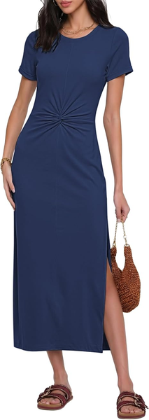GRAPENT Long Dresses for Women Summer Casual Side Slit Twist Front 2026 Beach Vacation Short Sleeve Comfy Tshirt Dress