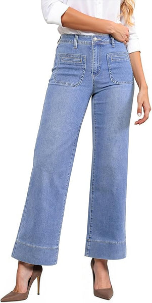 GRAPENT Wide Leg Jeans Woman Trendy High Waisted Patch Pocket Stretchy Denim Pants Vintage Casual Trouser Jeans