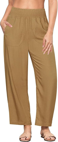 GRAPENT Linen Pants Women Wide Leg High Waisted Cropped Barrel Pull On Smocked Elastic Waist Summer Pants with Pockets