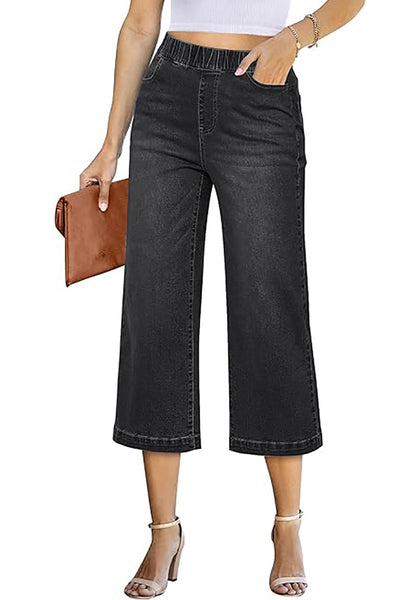 GRAPENT Capri Jeans for Women Wide Leg High Waisted Effortless Flow Pull On Stretchy Denim Elastic Waist Pants with Pockets