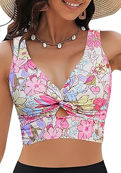 GRAPENT Bikini Tops for Women Cropped Tankini Tops Floral Printed Beach Padded Knot Twist Cut Out Bathing Suit Top Only
