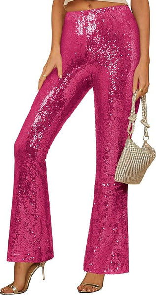 GRAPENT Sequin Pants for Women Flare High Waisted Pull On Elastic Waist Party Club Night Out Dance Stretch Sparkly Pants