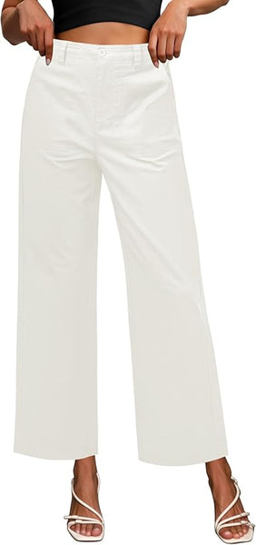 GRAPENT Wide Leg Pants for Women Cropped Chino High Waisted Business Casual Elastic Waist Work Trouser Pants with Pocket