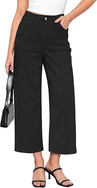 GRAPENT Wide Leg Jeans Woman Trendy Cropped High Waisted Front Seam Casual Stretchy Denim Trouser Jeans with Pockets