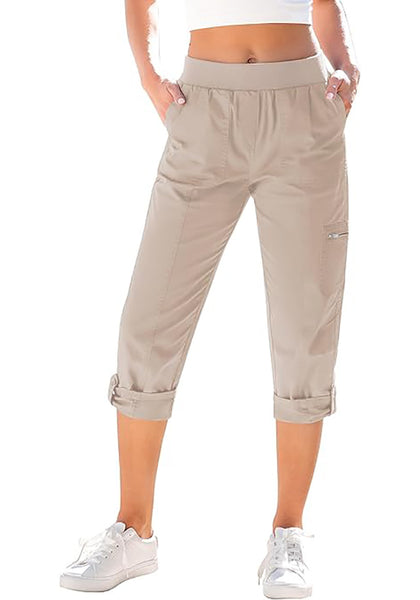 GRAPENT Capri Cargo Pants for Women High Waisted Pull On Elastic Waist Stretch Twill Fold Hem Capris Pants with Pockets
