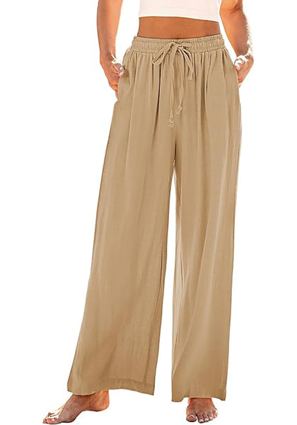 GRAPENT Wide Leg Pants Woman Linen High Waisted Pull On Flowy Casual Baggy Drawstring Palazzo Trousers Pants Resort Wear