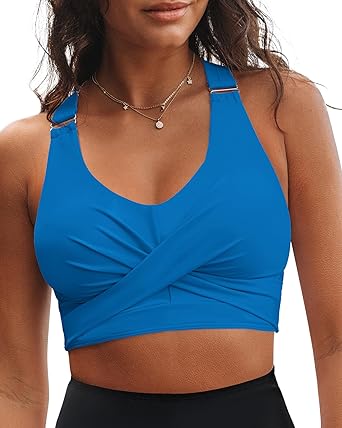 GRAPENT Bikini Tops for Women Twist Front Ruched Bathing Suit Adjustable Crisscross Back Cropped Tankini Swim Top Only