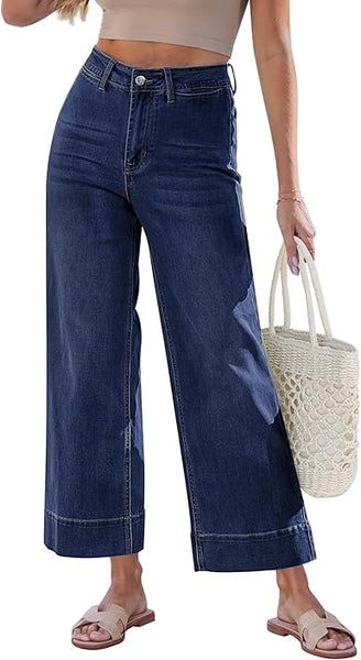 GRAPENT Wide Leg Jeans for Women Cropped Trendy High Waisted Welt Pocket Stretchy Denim Pants Distressed Trouser Jeans